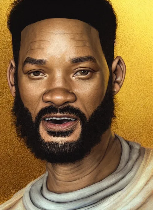 Image similar to portrait of will smith as jesus, au naturel, hyper detailed, digital art, trending in artstation, cinematic lighting, studio quality, smooth render, unreal engine 5 rendered, octane rendered, art style by klimt and nixeu and ian sprigger and wlop and krenz cushart.