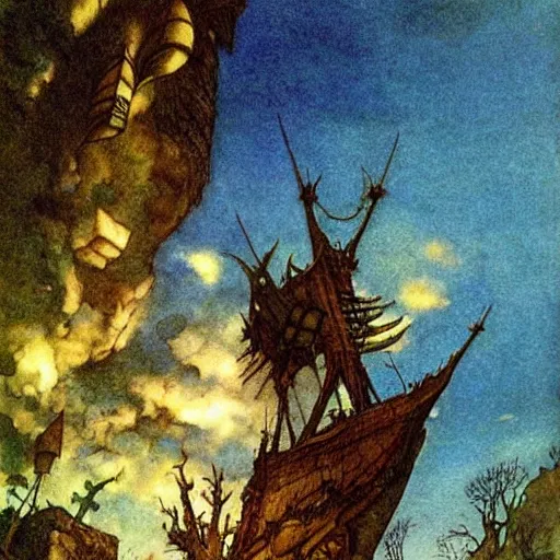 Prompt: Fantasy village, the inhabitant looking up at the sky. The sky is completely covered to the horizon by an incredibly giant airship-like ship. Extremely high detail, realistic, medieval fantasy art, masterpiece, Arthur Rackham art, art by Boris Vallejo, Frank Frazetta.