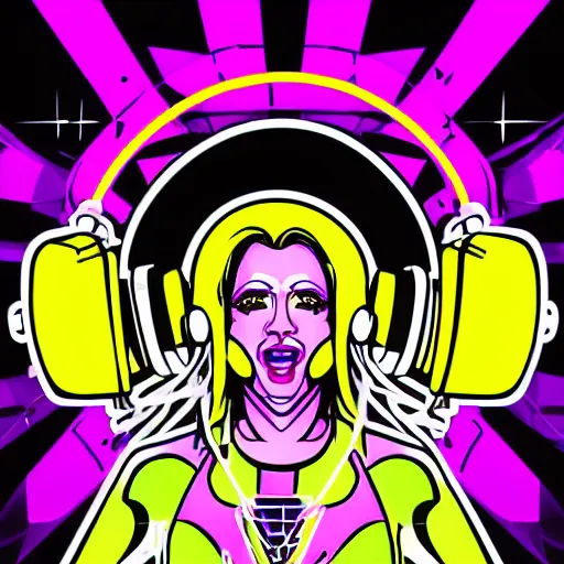 Prompt: svg vector sticker of absolutely divine-deity-angel-robotic-android-hybrid, rocking out, wearing headphones, huge speakers, dancing, rave, DJ, spinning records, digital art, amazing composition, rule-of-thirds, award-winning, trending on artstation, featured on deviantart