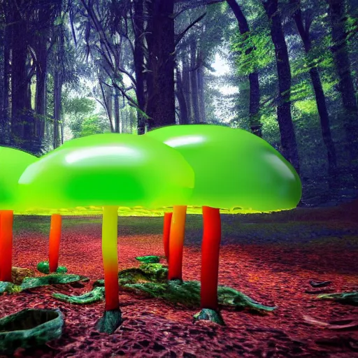 Prompt: glowing green jello mushrooms in a mystical forest, firefly trails, unreal engine