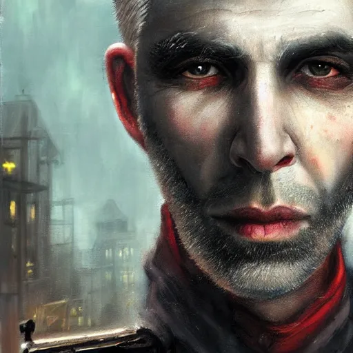 Image similar to portrait of a greying pale vampire police officer with short hair and a patchy beard, close up, grimy streets in the backdrop, highly detailed, sharp focus, art by tom bagshaw and manuel sanjulian