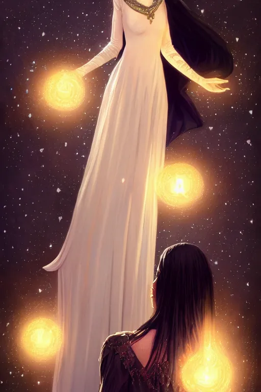 Image similar to Nocturne, glowing, stars, a long-legged elegant young princess, long black hair, pearl amulet, highly detailed, mysterious, ethereal, dressed in black velvet, haute couture, illustration, dramatic lighting, soft details, painting, by Edmund Blair Leighton, Brom, Charlie Bowater, trending on artstation, faces by otto schmidt