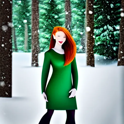 Image similar to redhead women in a green dress, with pockets, photorealistic, winter scenario