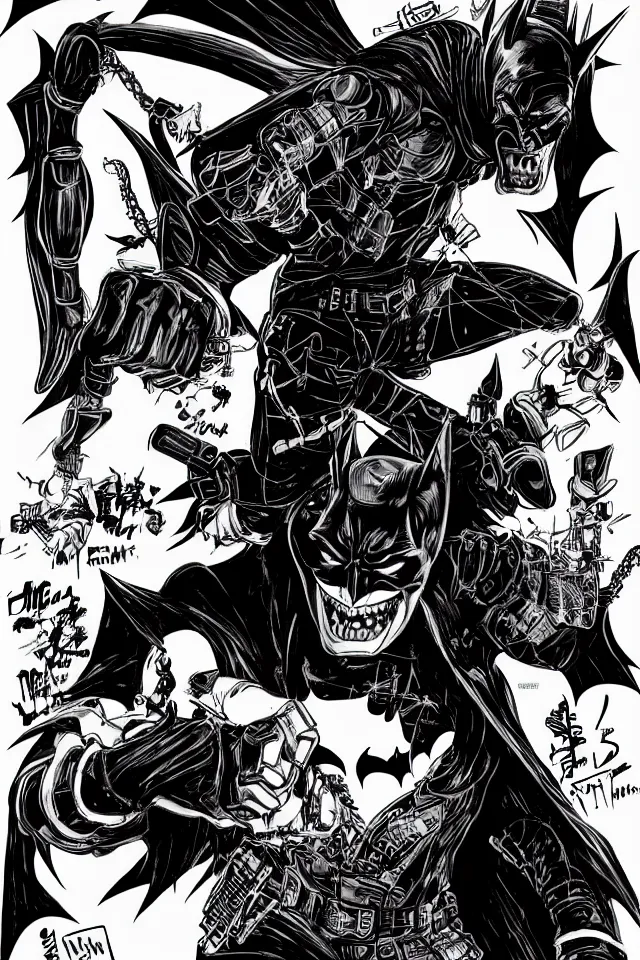 Prompt: The Batman Who Laughs Battles Batman In Hell, Yasushi Nirasawa Cartoon Anime Style