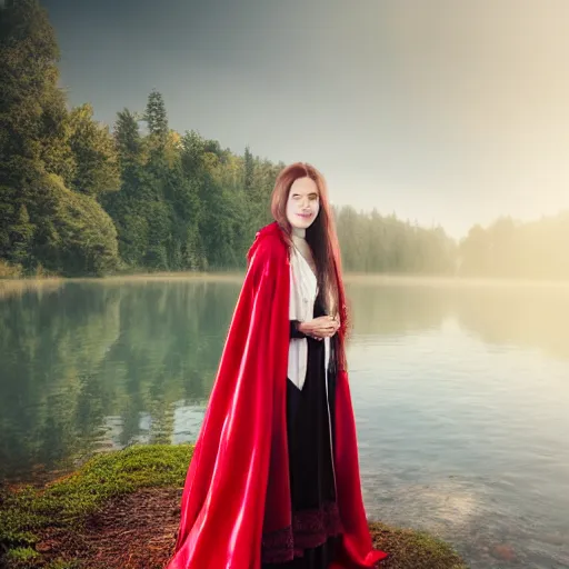 Image similar to beautiful lady with white long hair and dressed with a red victorian cloak, standing in a lake, mist, morning light, photorealistic