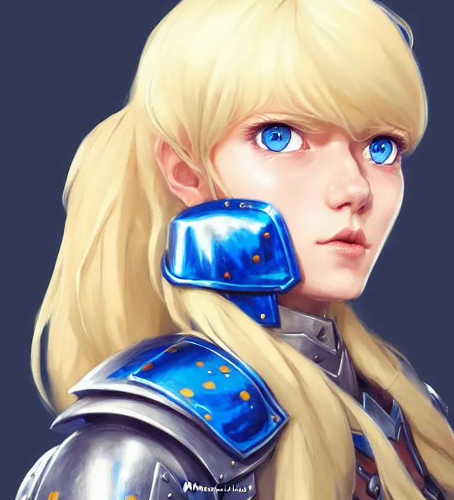 Image similar to character concept art of a cute german woman with blond hair and blue eyes, wearing plastic armor. lovely - fine - face, pretty face, key visual, realistic shaded perfect face, fine details by wlop, rossdraws, james jean, andrei riabovitchev, marc simonetti, sakimichan, trending on artstation