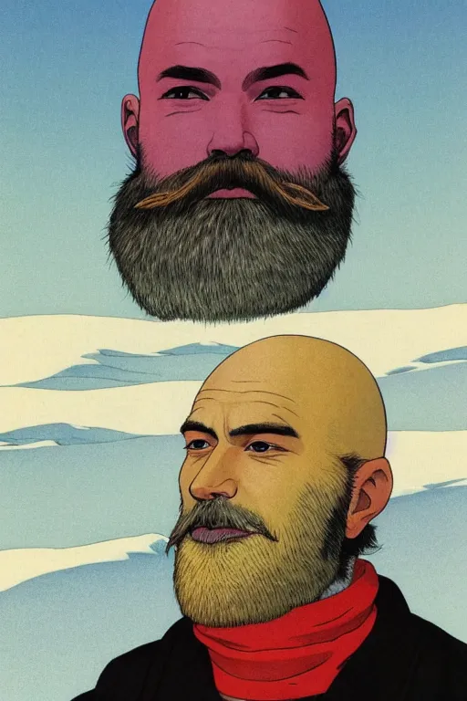 Prompt: a colorful closeup portrait of a handsome bald man with a very long wild beard dreaming psychedelic hallucinations in the vast icy landscape of antarctica, by kawase hasui, moebius and edward hopper, colorful flat surreal design, hd, 8 k, artstation