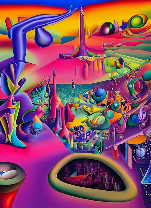 Prompt: an extremely high quality hd surrealism painting of a 3d galactic neon complimentary colored cartoon surrealism melting optical illusion sculpture gallery city by an extremely skilled version of kandinskypicasso and salvia dali v4, salvador dali's very very much more talented painter offsprung, 4k, ultra realistic