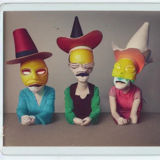 Image similar to polaroid of figures made from coloured smoke and eggshells, wearing funny hats and huge masks