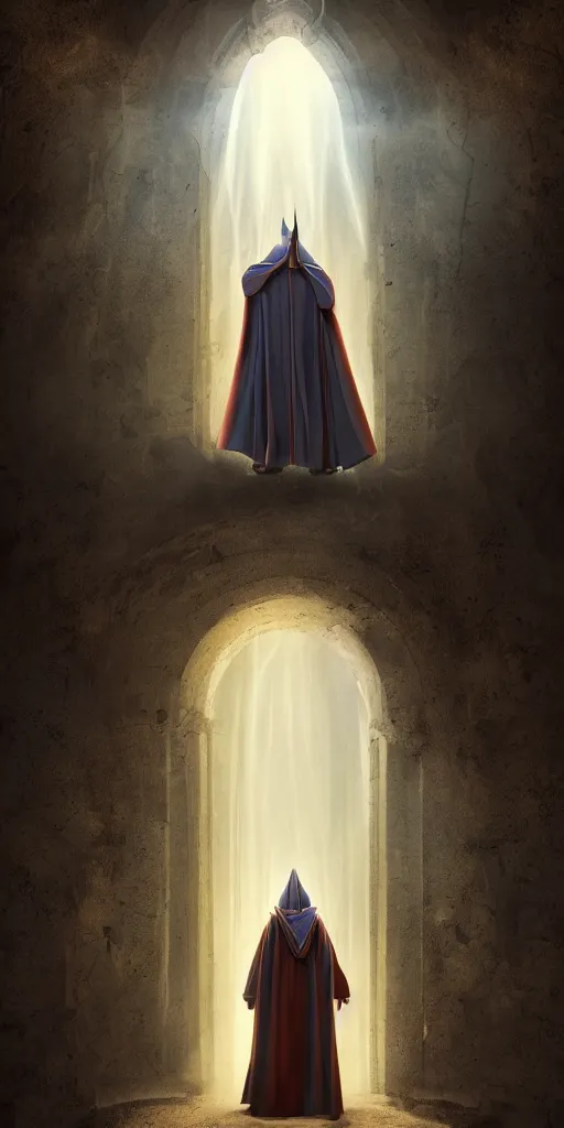 Image similar to a wizard in a cloak standing in front of a portal to wisdom, tall door, high ceiling, magic light, light beam, cinematic atmosphere, high definition, ultra detailed