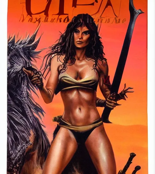 Prompt: 1 9 8 0 s fantasy novel book cover, amazonian nadine velazquez in extremely tight bikini armor wielding a cartoonishly large sword, exaggerated body features, dark and smoky background, low quality print