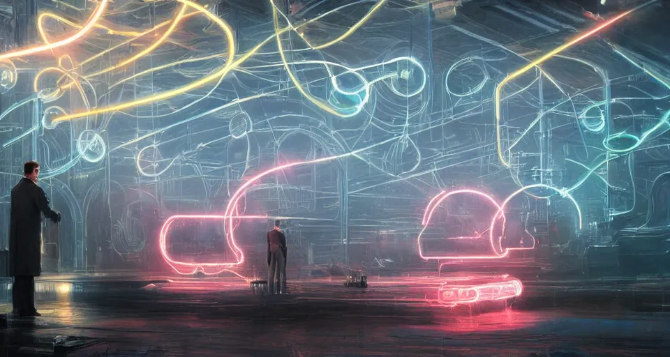 Prompt: electrical arcs form the body of nikolai tesla as he is surrounded by faint bolts of electricity, digital art, intricate, dramatic lighting, neon colors, cinematic, holographic runes, art by artgerm, greg rutkowski, guy denning