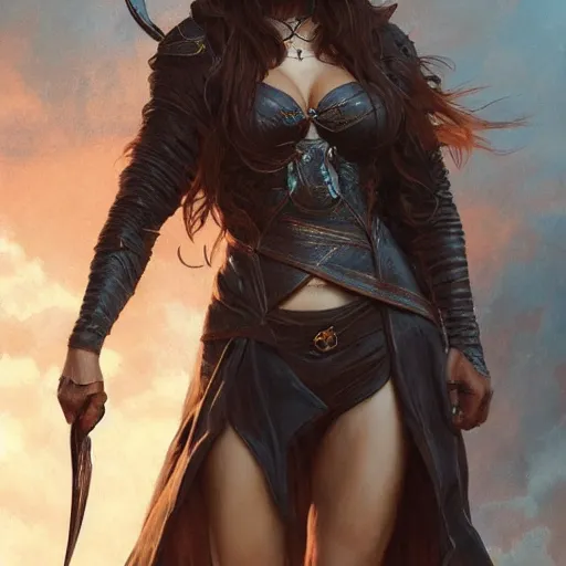 Image similar to kara del toro as a witch, gorgeous, leather, smooth, intricate, highly detailed, digital painting, artstation, concept art, sharp focus, illustration, art by greg rutkowski and alphonse mucha and even amundsen