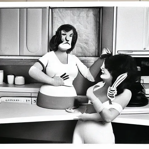 Image similar to 1976 two curvy women in a vintage kitchen baking a cake wearing an inflatable long prosthetic snout nose made of gooey green slime, soft color wearing stripes sitting on chairs covered in soft fabric, pink slime everywhere, grey striped walls, studio lighting 1976 color film archival footage holding a hand puppet that looks like Porky Pig, 16mm Russ Meyer John Waters Almodovar Doris Wishman