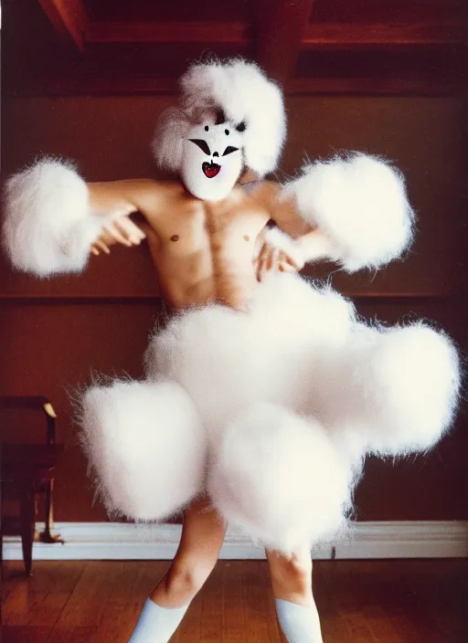 Prompt: realistic photo portrait of the friends, white carnival fluffy mask, wearing hairy fluffy cotton shorts, dancing in the spacious wooden polished and fancy expensive wooden room interior with many cloud sculptures 1 9 9 0, life magazine reportage photo