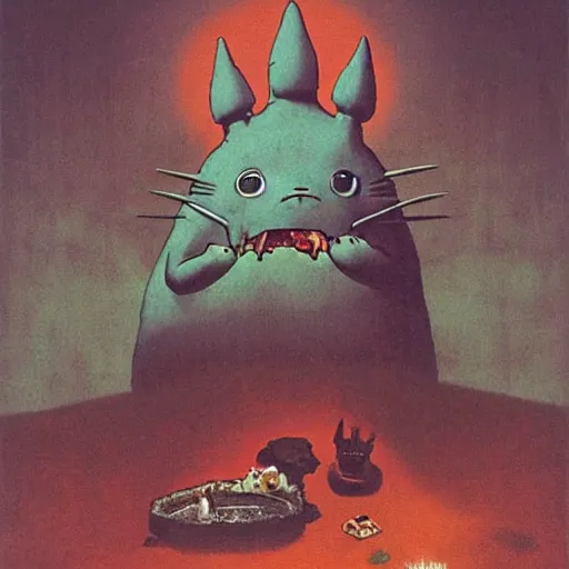 Prompt: Creepy Totoro full of blood, eating, Studio Ghiblo, Zdzisław Beksiński