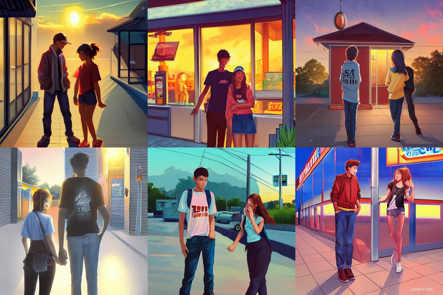 Prompt: teenage boy and teenage girl hanging outside of a convenience store, sunset, beautiful lighting, digital art, illustration, high resolution, establishing shot, art by artgerm.