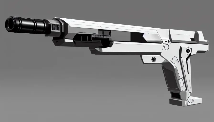 Image similar to extremely detailed ultra realistic photographic side view minimalist magnum pistol coilgun, detailed trigger, chemically propelled, battery, smooth streamline, battery and wires, railgun, chemrail, gauss, elegant sleek smooth body, white paint, smooth utopian design, ultra high quality, octane, artstation, destiny, warframe, terminator