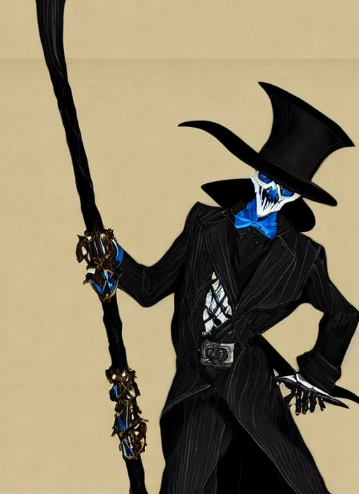 Image similar to DND character art, skeletal male figure, wearing a deep black suit!!! and tie and top hat, holding a gold! cane!, blue flames!!