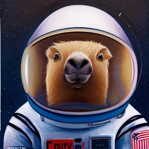 Image similar to beautiful detailed and adorable portrait of a capybara astronaut in a spacesuit, super cute, new contemporary, pop surrealism, oil painting, by alexander trufanov