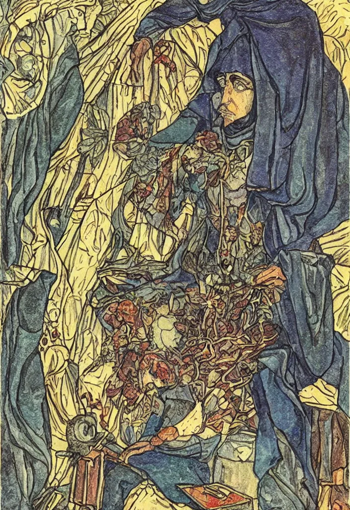 Prompt: Yoshua Bengio on the Tarot Hermit card. Illustration by Pamela Colman Smith
