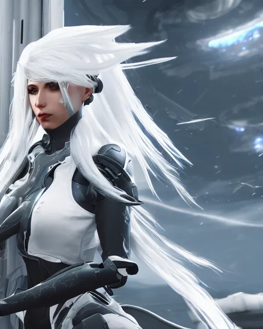 Prompt: perfect white haired girl, warframe armor, beautiful, detailed, windy weather, scifi platform, laboratory, experiment, 4 k, ultra realistic, epic lighting, cinematic, high detail, masterpiece