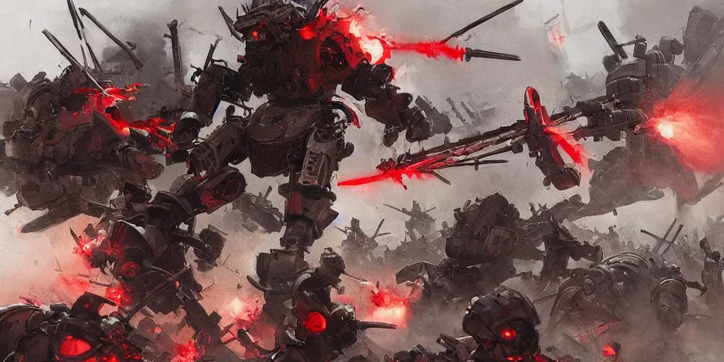 Image similar to demonic samurai robot slaughtering french soldiers and civilians in the interbellum paris, very detailed painting, concept art, intense heavy street battle, pile of bodies, a lot of blood on the streets, art by greg rutkowski and jakub rozalski