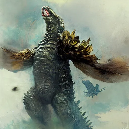 Image similar to godzilla vs mothra by jeremy mann