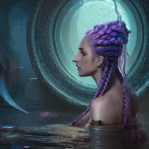 Prompt: unreal engine, octane render, 8 k techno mystic goddess princess intergalactica, goddess inanna, ashteroth, with aqua neon rapunzel dreadlocks, mami wata, detailed, by gaston bussiere, bayard wu, greg rutkowski, h. r. giger, greg rutkowski, masterpiece, sharp focus,