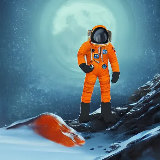 Image similar to astronaut in orange polar exploration suit crouching down in the snow behind a small otherworldly plant, concept art