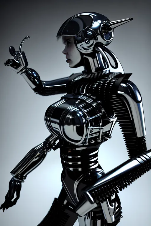 Prompt: female chrome futuristic cyborg with curved metal horns, chrome motorcycle parts, full body, machine background, 3d render, octane, 8k, volumetric lighting, hyper-realistic, dark fantasy, diffuse lighting, intricate, highly detailed, lifelike, photorealistic, digital painting, trending on artstation, smooth, sharp focus, art by John Collier and Albert Aublet and Krenz Cushart and Artem Demura and Alphonse Mucha