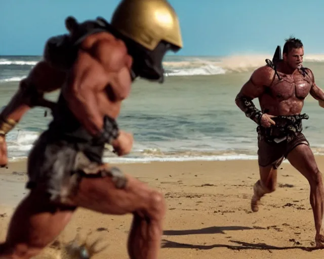 Image similar to single spartan running on australian beach, epic award winning action cinematic still from the movie 3 0 0