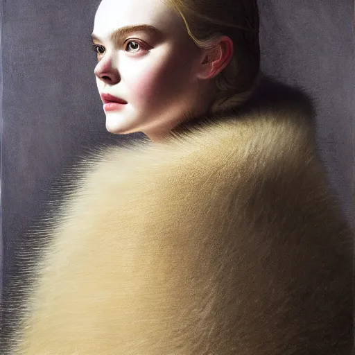 Image similar to Elle Fanning in a fur coat, religious masterpiece portrait, oil on canvas, golden hour, in the world of Andrew Wyeth, artstation, by J. C. Leyendecker and Peter Paul Rubens,