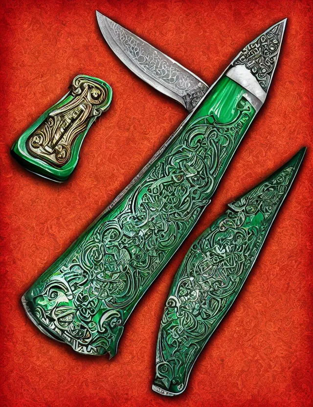 Image similar to ornate emerald butchery knife, fantasy illustration, medieval era, blank background, studio lighting, hand - drawn digital art