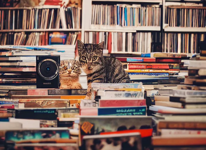 Image similar to photography of a Cat sitting on a pile of books and vinyls. a record player is in the shot. in a room full of vinyls and posters out of the 70's, photorealistic, raining award winning photo, 100mm, sharp, high res