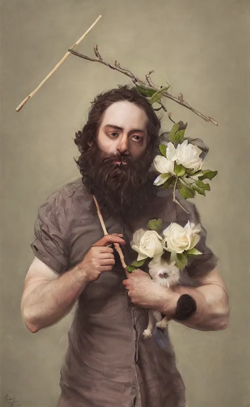 Image similar to a painting of a young bearded man holding a white rose and a stick, jester hat, small dog, a surrealist painting by marco mazzoni, cgsociety, neo - figurative, detailed painting, rococo, oil on canvas, seapunk, lovecraftian