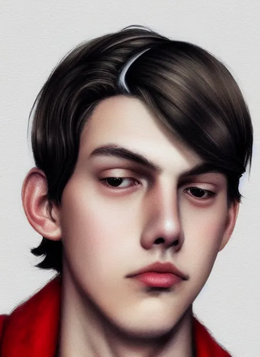 Image similar to portrait of teenage jughead jones wearing a light grey crown, photorealistic, crown, crown with badges on it, crown with red and white pin badge, eyes closed, crown, black hair, intricate, elegant, highly detailed, digital painting, artstation, concept art, smooth, sharp focus, illustration, art by wlop, mars ravelo and greg rutkowski