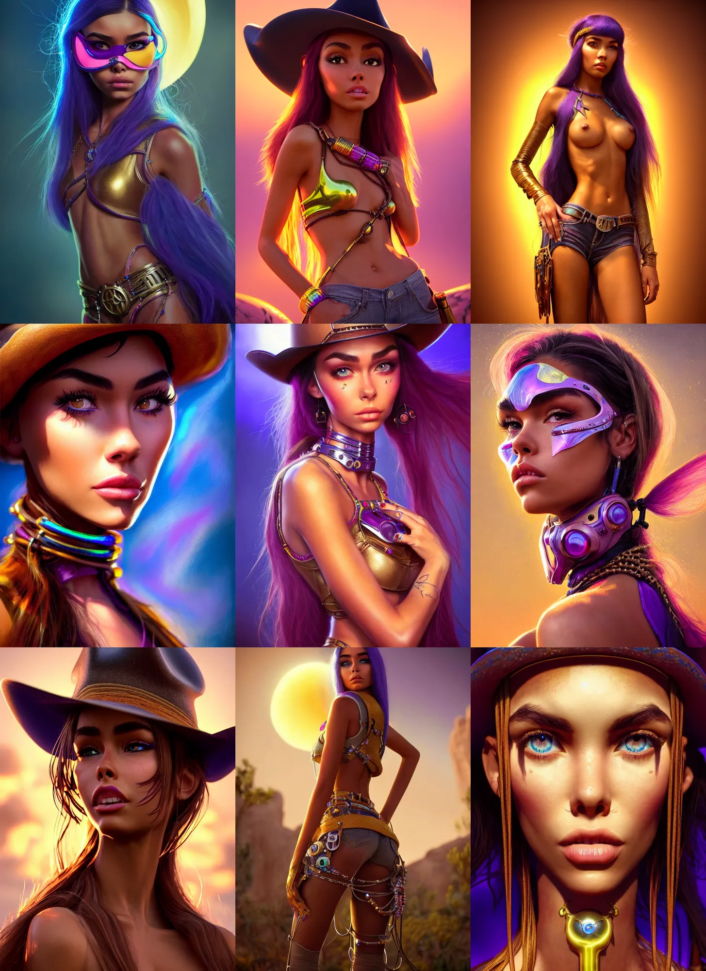 Prompt: polished oily cowgirl raver woman : : madison beer : : weta disney pixar movie still portrait photo : : hi - fructose, sci fi, fantasy, decadent highly - detailed digital painting, golden ratio, octane render, artstation, smooth, sharp focus, artgerm, mucha, loish, wlop : :