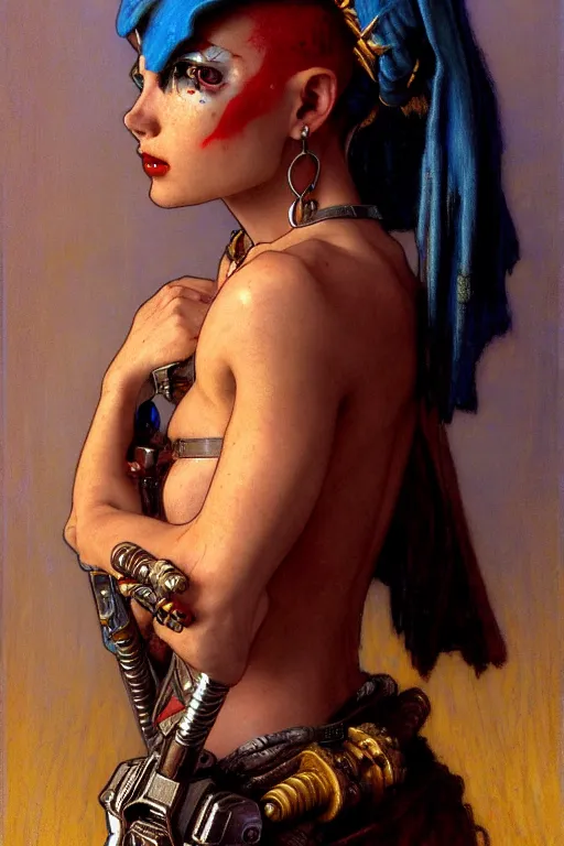 Image similar to full character portrait max mad cyberpunk warhammer 4 0 k, warrior marine the girl with the pearl earring character design, painting by gaston bussiere, katsuya terada, frank frazetta, gerald brom, mucha, tom of finland, trending on artstation