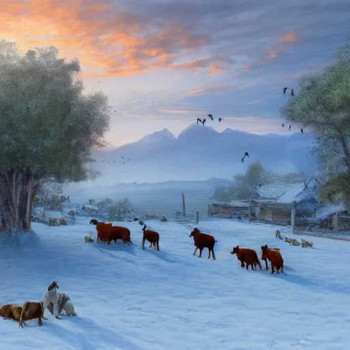 Prompt: an extremely detailed matte painting of a rancher feeding the animals at sunrise, tall rancher wearing a cowboy hat, dogs, cows, sheep, chickens, ducks, 4 k, ranch the morning after a light snowfall, brandon sanderson and r. a. salvatore