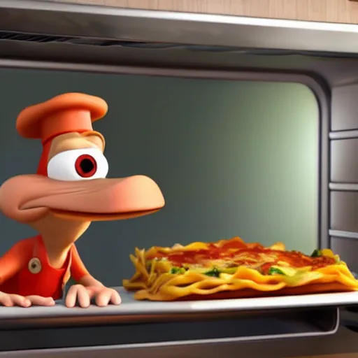 Image similar to pixar 3 d style cute platypus on a kitchen wearing a chef hat and holding a lasagna into an oven, pixar style, 3 d, ratatouille style