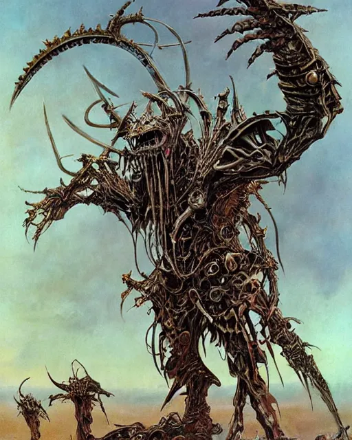 Image similar to biomechanical warhammer final boss creature vecna, art by bruce pennington