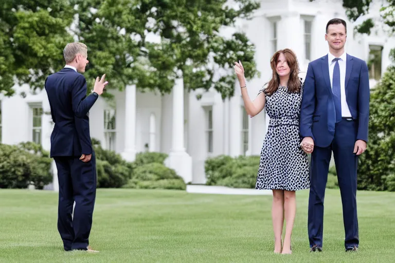 Image similar to beautiful 3 5 year old female president wearing suit alone in the white house rose garden with her two boyfriends, holding hands, press photo, dslr, bokeh, romantic