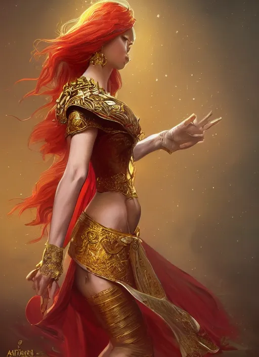 Prompt: !! fullbody!! dynamic movement pose, beautiful woman with red hair, byzantine noble, gold jewellery, dnd, face, fantasy, intricate, elegant, highly detailed, digital painting, artstation, concept art, smooth, sharp focus, illustration, art by artgerm and greg rutkowski and alphonse mucha