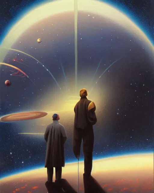 Prompt: a painting of a man standing in front of a planet, a detailed matte painting by david a. hardy and by les edwards and by ralph mcquarrie, featured on deviantart, space art, sci - fi, dystopian art, matte painting