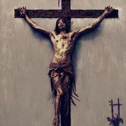 Image similar to crucifix cross made of rusty nails, art by ruan jia and wlop and greg rutkowski, masterpiece