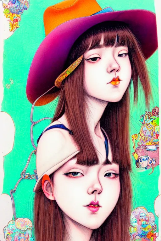 Image similar to girl wearing cowboy hat, style of yoshii chie and hikari shimoda and martine johanna, highly detailed