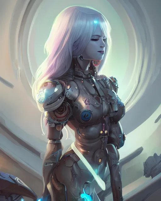 Image similar to holy cyborg necromancer girl, elegant, scifi, futuristic, utopia, garden, illustration, atmosphere, top lighting, blue eyes, white hair, beautiful, artstation, highly detailed, art by yuhong ding and chengwei pan and serafleur and ina wong