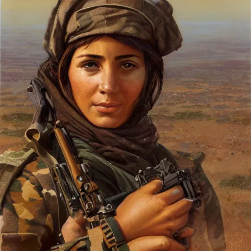 Image similar to beautiful YPJ soldier in the defense of Kobanî in the siege of Kobanî, detailed, centered, digital painting, artstation, concept art, donato giancola, Joseph Christian Leyendecker, Boris Vallejo, Breathtaking, 8k resolution, extremely detailed, beautiful, establishing shot, artistic, hyperrealistic, beautiful face, octane render