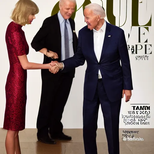 Prompt: taylor swift shaking hands with joe biden, 8 k uhd, cover of vouge magazine, perfect faces